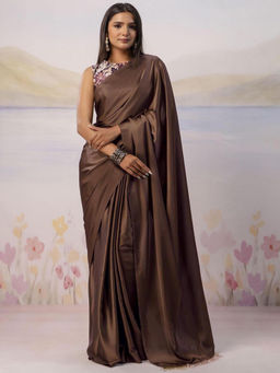 SATRANI - Brown Solid/Plain Satin Solid/Plain Saree with Unstitched Blouse