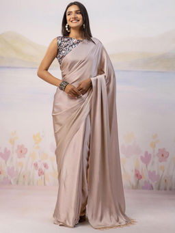 SATRANI - Beige Solid/Plain Satin Solid/Plain Saree with Unstitched Blouse