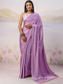 SATRANI - Lavender Solid/Plain Satin Solid/Plain Saree with Unstitched Blouse