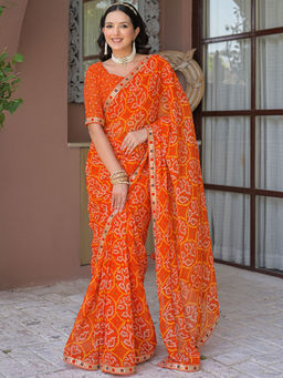 SATRANI - Orange Printed Chiffon Printed Saree with Unstitched Blouse