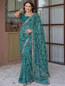 SATRANI - Teal Printed Chiffon Printed Saree with Unstitched Blouse