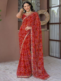 SATRANI - Red Printed Chiffon Printed Saree with Unstitched Blouse