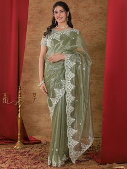 SATRANI - Green Embroidered Net Embroidered Saree with Unstitched Blouse