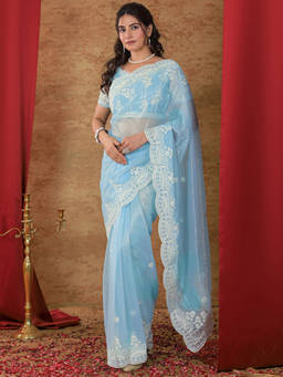 SATRANI - Blue Embroidered Net Embroidered Saree with Unstitched Blouse