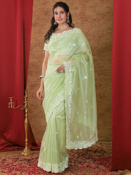 SATRANI - Green Embroidered Net Embroidered Saree with Unstitched Blouse
