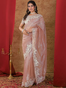 SATRANI - Peach Embroidered Net Embroidered Saree with Unstitched Blouse