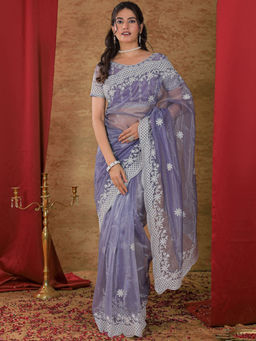 SATRANI - Lavender Embroidered Net Embroidered Saree with Unstitched Blouse