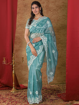 SATRANI - Turquoise Embroidered Net Embroidered Saree with Unstitched Blouse