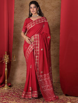 SATRANI - Red Embroidered Chanderi Embroidered Saree with Unstitched Blouse