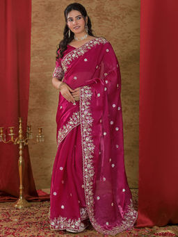 SATRANI - Pink Tissue Embroidered Saree with Unstitched Blouse