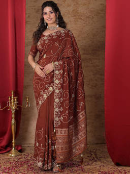 SATRANI - Rust Embroidered Chanderi Embroidered Saree with Unstitched Blouse