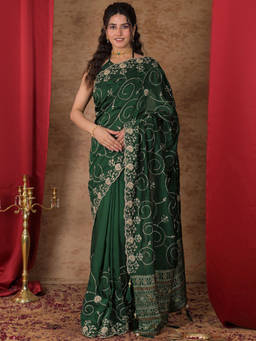 SATRANI - Green Embroidered Chanderi Embroidered Saree with Unstitched Blouse