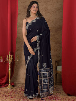 SATRANI - Navy Blue Embroidered Chanderi Embroidered Saree with Unstitched Blouse