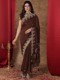SATRANI - Brown Embroidered Chanderi Embroidered Saree with Unstitched Blouse
