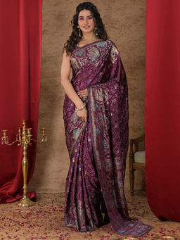 SATRANI - Wine Floral Crepe Printed Saree with Unstitched Blouse