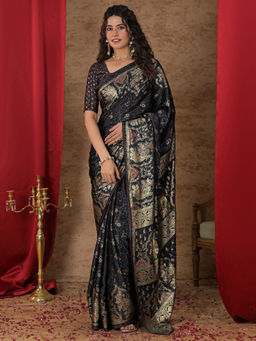 SATRANI - Navy Blue Floral Crepe Printed Saree with Unstitched Blouse