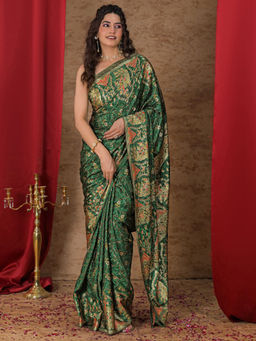 SATRANI - Green Floral Crepe Printed Saree with Unstitched Blouse