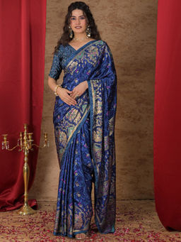 SATRANI - Blue Floral Crepe Printed Saree with Unstitched Blouse