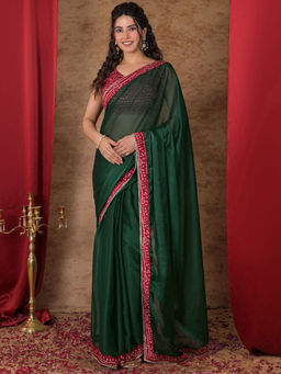 SATRANI - Green Solid/Plain Silk Solid/Plain Saree with Unstitched Blouse