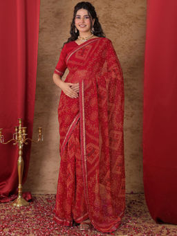 SATRANI - Red Georgette Printed Saree with Unstitched Blouse