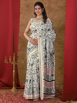 SATRANI - Off White Silk Printed Saree with Unstitched Blouse