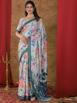 SATRANI - Blue Floral Silk Printed Saree with Unstitched Blouse