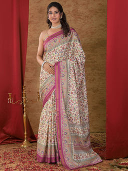 SATRANI - Off White Floral Silk Printed Saree with Unstitched Blouse