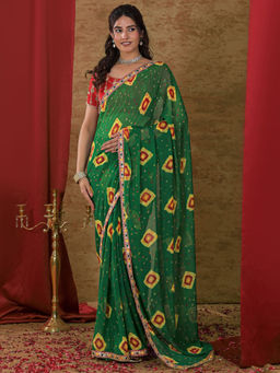 SATRANI - Green Printed Chiffon Printed Saree with Unstitched Blouse