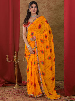 SATRANI - Orange Printed Chiffon Printed Saree with Unstitched Blouse