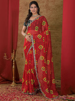 SATRANI - Red Printed Chiffon Printed Saree with Unstitched Blouse