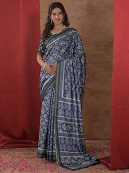 SATRANI - Blue Silk Printed Saree with Unstitched Blouse