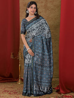 SATRANI - Beige Silk Printed Saree with Unstitched Blouse