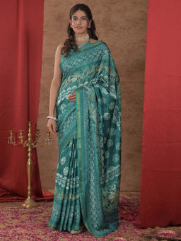 SATRANI - Teal Floral Silk Printed Saree with Unstitched Blouse
