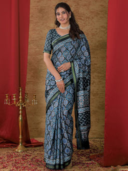 SATRANI - Black Silk Printed Saree with Unstitched Blouse