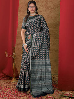 SATRANI - Green Silk Printed Saree with Unstitched Blouse