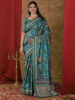 SATRANI - Green Floral Silk Printed Saree with Unstitched Blouse