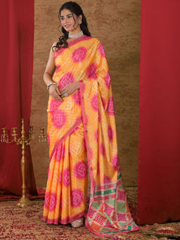 SATRANI - Yellow Silk Printed Saree with Unstitched Blouse