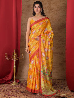 SATRANI - Yellow Silk Printed Saree with Unstitched Blouse