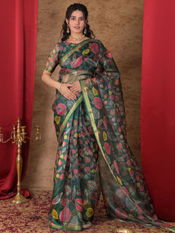 SATRANI - Green Floral Kota Printed Saree with Unstitched Blouse