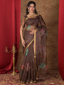 SATRANI - Brown Floral Kota Printed Saree with Unstitched Blouse