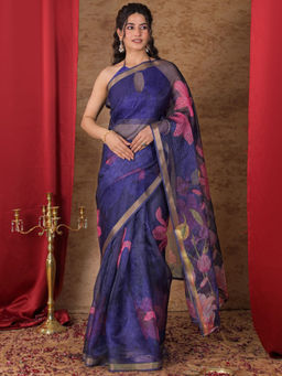 SATRANI - Blue Floral Kota Printed Saree with Unstitched Blouse