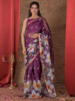 SATRANI - Purple Floral Kota Printed Saree with Unstitched Blouse