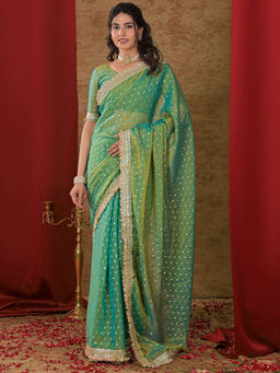 SATRANI - Green Georgette Embroidere Saree with Unstitched Blouse