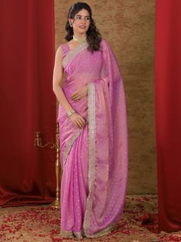 SATRANI - Pink Georgette Embroidere Saree with Unstitched Blouse