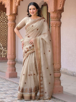 SATRANI - Beige Embroidered Chanderi Embroidered Saree with Unstitched Blouse