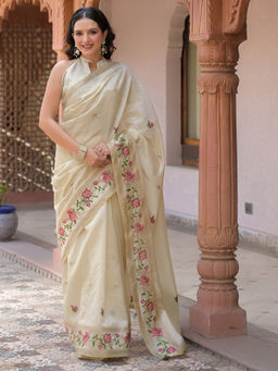 SATRANI - Off White Floral Silk Embroidered Saree with Unstitched Blouse