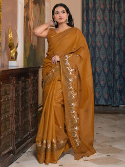 SATRANI - Mustard Embroidered Chanderi Embroidered Saree with Unstitched Blouse
