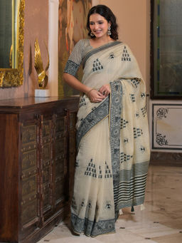 SATRANI - Beige Embroidered Chanderi Embroidered Saree with Unstitched Blouse