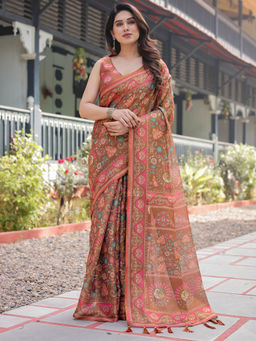 SATRANI - Brown Floral Silk Printed Saree with Unstitched Blouse
