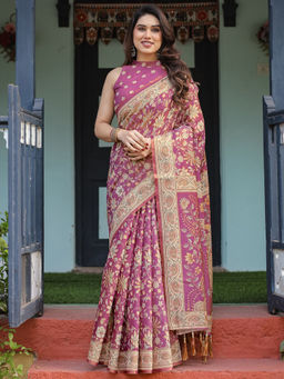 SATRANI - Pink Floral Silk Printed Saree with Unstitched Blouse
